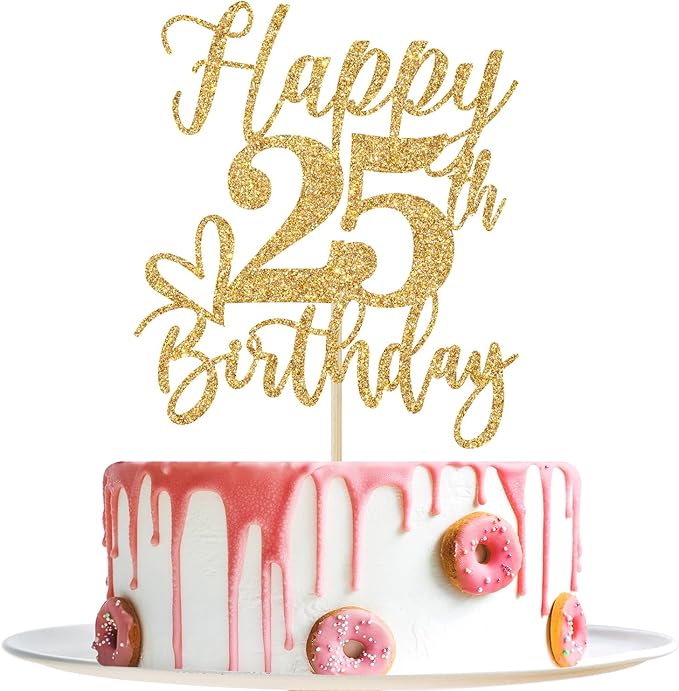 Gold Glitter Happy Birthday Cake Topper, Funny 25th Birthday Party Supplies