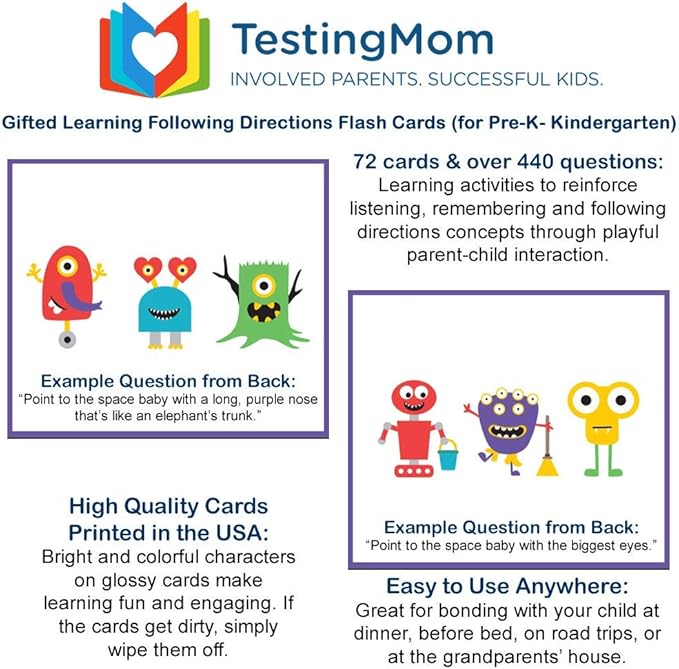 TestingMom.com Gifted Learning Flash Cards Following Directions for Pre-K to Kindergarten Educational Practice for CogAT, Iowa Test (ITBS), OLSAT, NYC Gifted and Talented, WPPSI, AABL