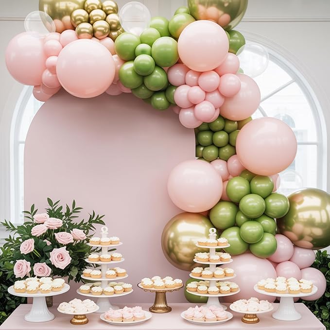 Retro Sage Green and Pink Balloons, 12 inch Metallic Gold Olive Green Pink Clear Latex Balloon for Jungle Safari, Christmas, Nutcracker, Woodland, Birthday Party Decoration