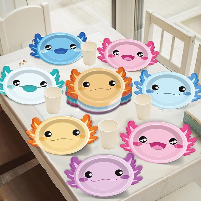 60Pcs Axolotl Shaped Birthday Party Decorations Reptile Animals 7 Inch Dessert Plates Tableware Cartoon Axolotl Dinner Paper Plates Dinnerware for Kids Boys Girls Party Baby Shower Supplies Favors
