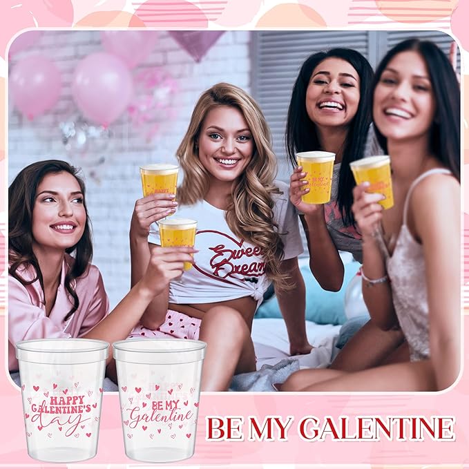24 Pcs Galentine Day Gift Cups 16 oz Reusable Thick Be My Valentine Party Plastic Drinking Cup Clear Pink and Red Happy Girlfriend Party Decorations Friendship Gift Supplies