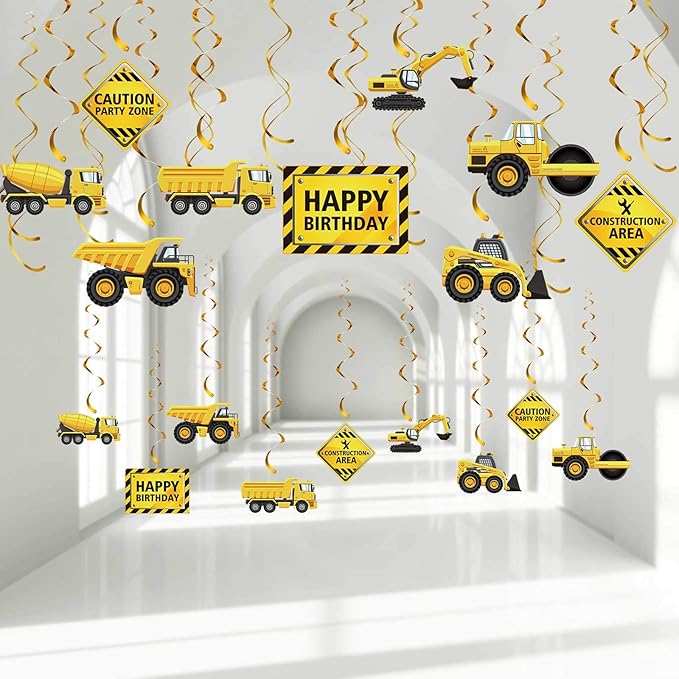 Blulu 30 Pieces Construction Birthday Party Supplies Construction Decoration Zone Party Hanging Swirl Traffic Zone Theme Streamers, Kids Boy Truck Foil Swirls Decorations(Cool)
