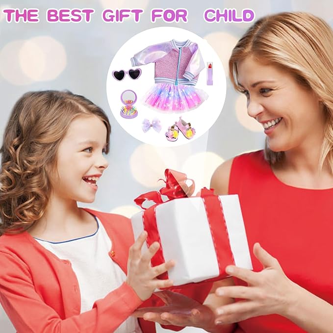 American 18 Inch Doll Makeup Accessories and Clothes Set Includes 18 Inch Doll Clothes and Shoes Bag Makeup Brush Set Foldable Haircomb Eyeshadow Lipstick Bow Hair Clip Sunglasses Hair Rope（No Dolls）