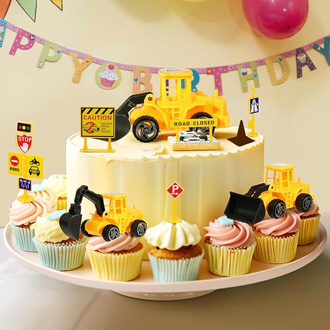 RAYNAG 16 Pieces Construction Cake Topper Construction Birthday Party Supplies Vehicles Cake Decorations with Large Crane, Traffic Road Sign, Excavator