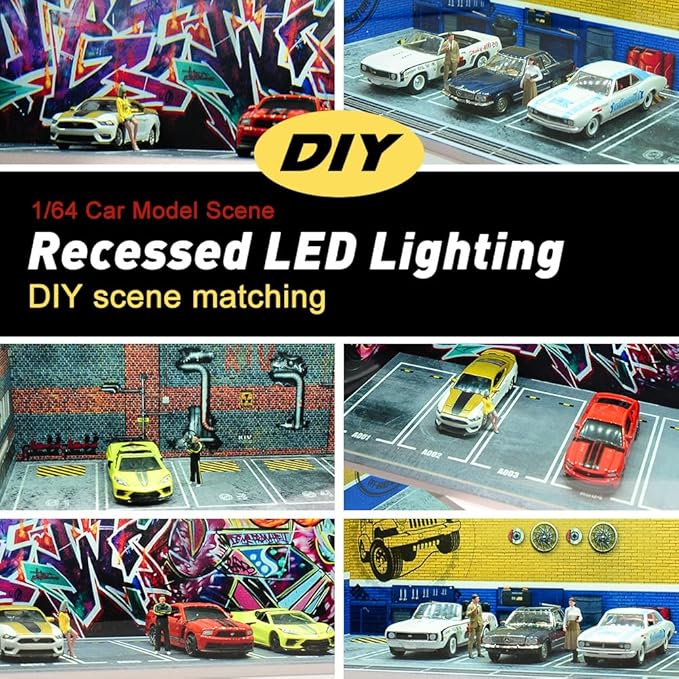 1/64 Model Car Display Case Diecast Diorama Garage，Simulated Parking Lot Model Miniature Scene Parking Lot PVC Assembly with Light Parking Space Model Display Frame Toy Display Box (Grey)