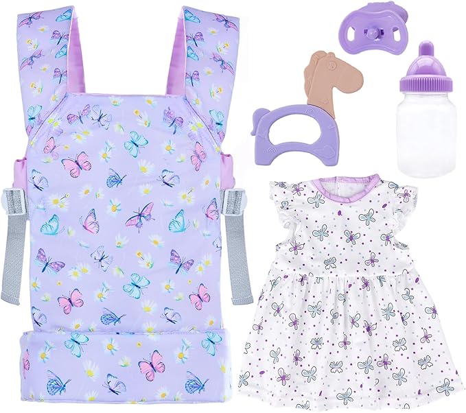 Baby Doll Carrier with Doll Accessories Doll Carrier for Kids, Reborn Doll Baby Carrier with Adjustable Straps for 16-22 Inch Baby Doll with Accessories, Purple