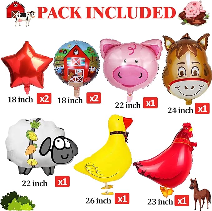 14pcs Farm Animal Balloons (Cow, Sheep, Duck, Rooster, Pig, Donkey) for 3rd Birthday Party Decor, Unisex, Children, Red