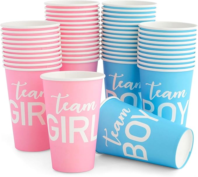 Paper Party Cups, Gender Reveal Party Supplies (12 oz, Pink and Blue, 50-Pack)