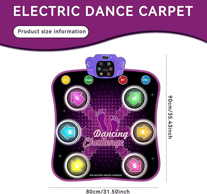 Dance Mat for Kids 6 Key Dual Horn LED Dance Pad Digital Multi-Mode Dancing Mat BT-Compatible Volume Adjustable Battery Powered 35x31.5in Electronic Mats, No Battery