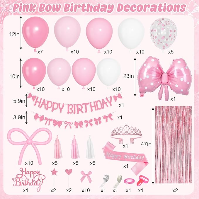 Ouddy Life Pink Bow Birthday Decorations, Coquette Themed Party Supplies with Light Pearl Pink White Confetti Long Balloons Happy Birthday Banner Paper Tassel Cake Toppers for Women Girls Baby Shower