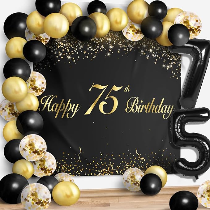 Happy 75th Birthday Balloons Black Set Decor - Cheers to 75 Years Old Party Theme Garland Banner Backdrop Decorations For Women and Men Supplies