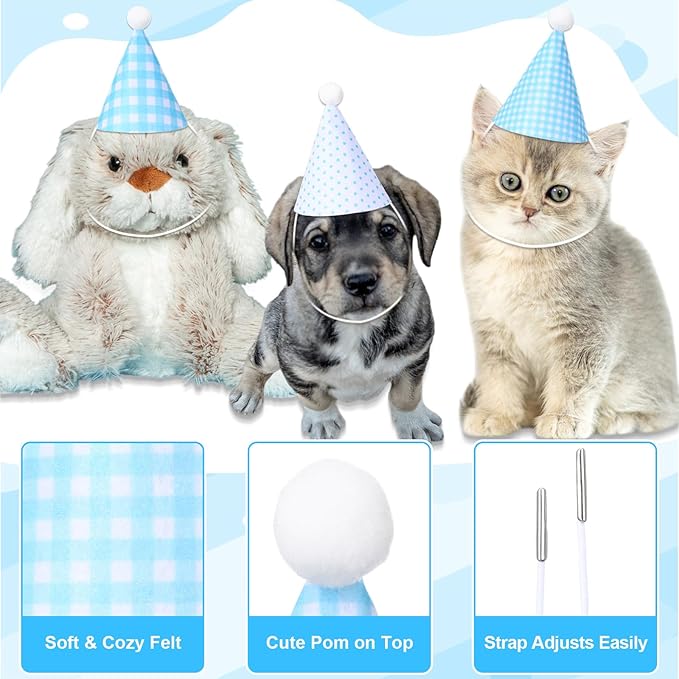 12 Pcs Mini Party Hats for Stuffed Animals, Felt Cone Hats with Pom Poms Baby Blue Polka Dot Checkered Mini Birthday Party Hat for Dolls Small Dogs Cats Birthday Holiday Pet Accessories