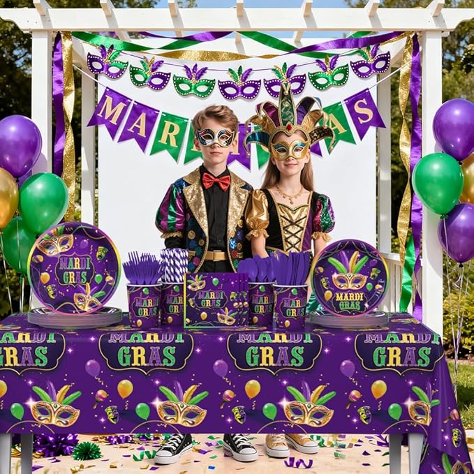 193pcs Mardi Gras Party Decorations Mardi Gras Plates and Napkins, Cup, Tablecloth, Tableware, Masquerade Mask Party Decorations Supplies Serve 24 Guests