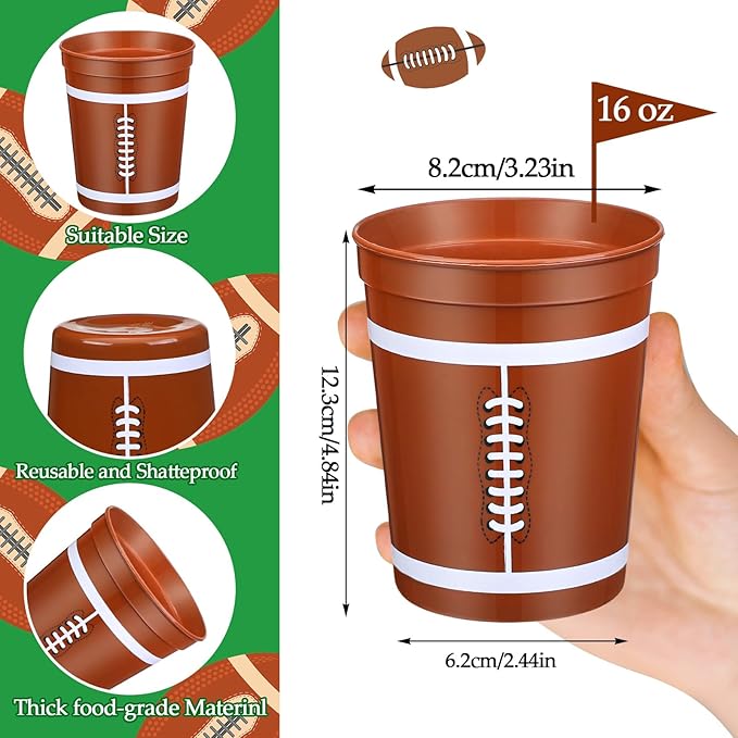 Norme 24 Pcs Football Cups Bulk Plastic 16 oz Reusable Cups Football Themed Birthday Party Supplies Decoration Party Sports Drinking Trumbers for Birthday Senior Night Dinnerware Team Event