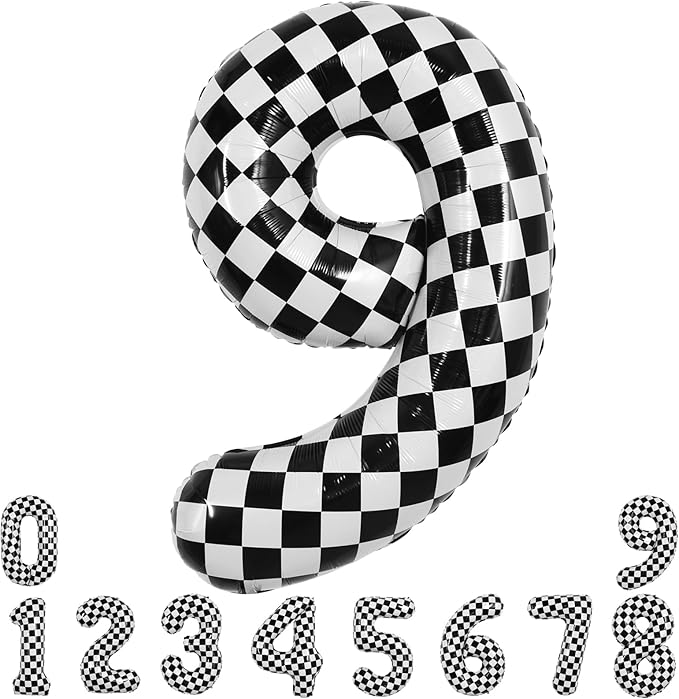 TONIFUL 40 Inch Checkered Number 9 Balloon 9th Race Car Birthday Party Supplies Black and White Large Number Balloon for Girls Boys 9th Birthday Fast Race Car Flag Party Decorations