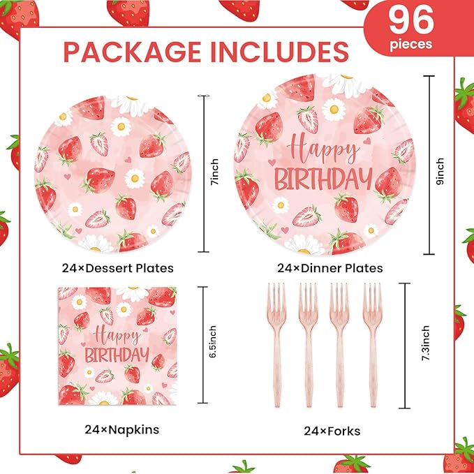 96Pcs Strawberry Paper Plates &Napkins Party Supplies-Disposable Strawberry Birthday Party Sweet Baby Shower Pink Fruit Tableware Decoration for Girls Berry Baby Decorations Favors Serves 24