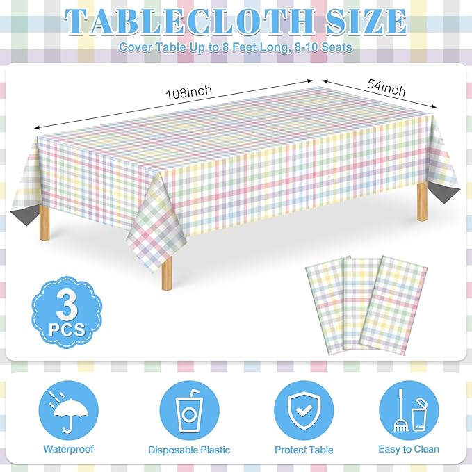 3 Pack Pastel Plastic Tablecloth, 54 x 108 Inch Disposable Easter Tablecloth Waterproof Rectangle Table Cover for Easter Party Decorations
