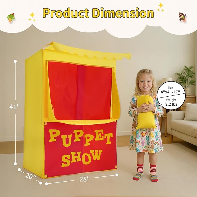 Alvantor® Lemonade Stand Puppet Show Theater Pretend Playhouse Tent Kids on Stage Doorway Table Top Sets for Toddlers Curtain Fordable Rods Children Dramatic Furniture, 28"X20"X41"H, Yellow
