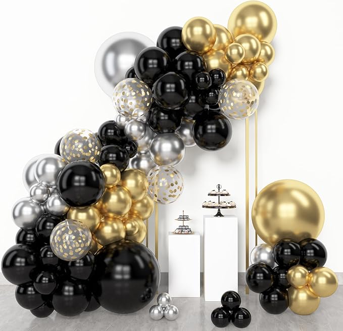 Amandir 153pcs Black and Gold Balloons Arch Garland Kit Different Sizes 18 12 10 5inch Silver Latex Metallic Confetti Graduation Balloons Class of 2026 Decorations Birthday Graduation Party Supplies