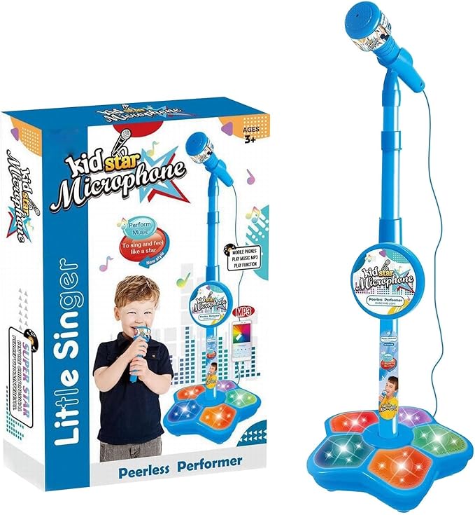 2026 New Kids Microphone with Stand, All in One Microphone Toy for Birthday Parties Singing, Portable Karaoke Machine for Singing, Music Play for Kids (Blue)