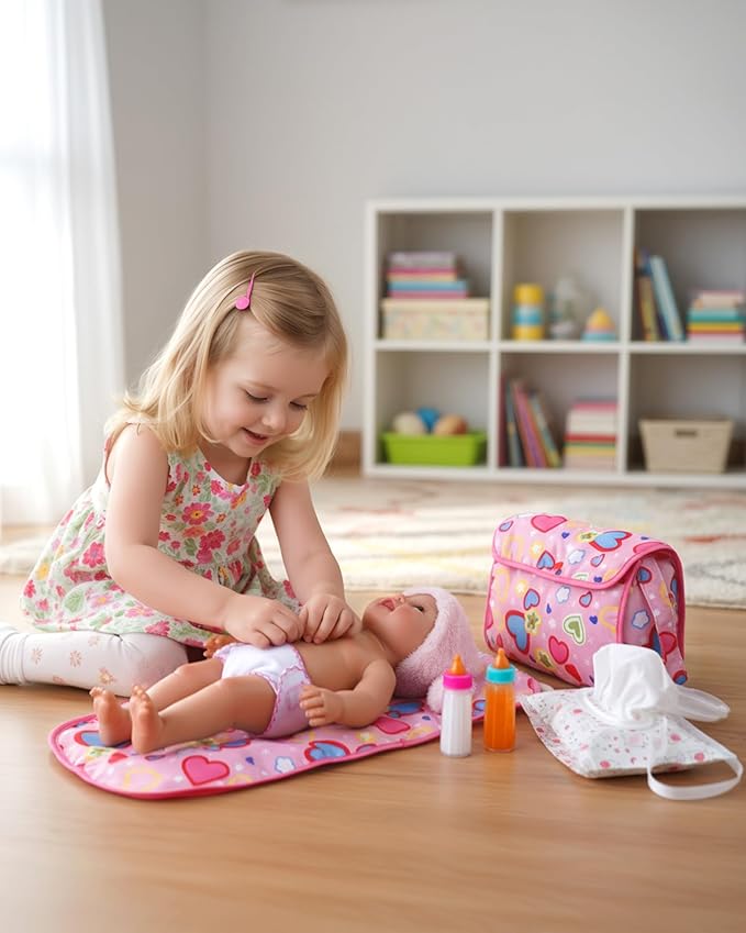 BABESIDE 8 Pcs Baby Diaper Bag Set with Magic Bottles, Baby Doll Accessories Includes Changing Mat, Diaper,Pacifier,Tissue Bag and Bottle with Disappearing Milk for 12-16 inches Dolls