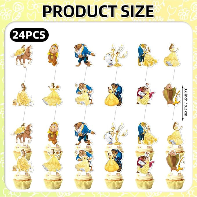 25Pcs Beauty and the Beast Birthday Party Supplies Pack Includes 1 Cake Topper 24 Cupcake Toppers for Beauty and the Beast Party Supplies
