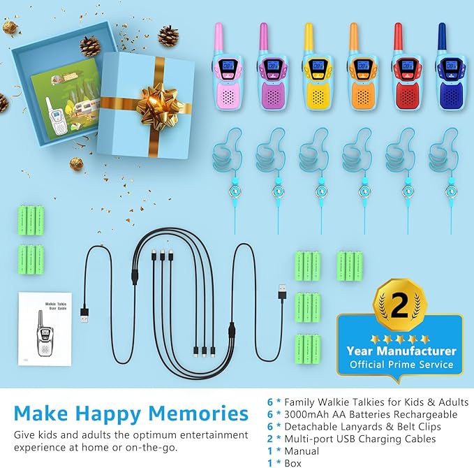 Walkie Talkies for Kids Long Range Walkie-Talkie for Adults Rechargeable 6 Pack with Lanyard NOAA USB, Family Pink 2 Way Radio Toys for 3-12 Year Old Boys Girls Toddlers Camping Skiing