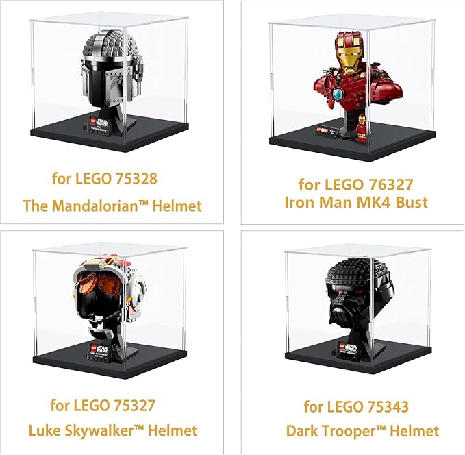 Thickened Clear Acrylic Display Case for Lego 75328 Helmet Collectibles, Transparent Cube Box Dustproof Protection Showcase with Wood-Plastic Base & String Light, Black Inside 7.9x7.9x7.9inch