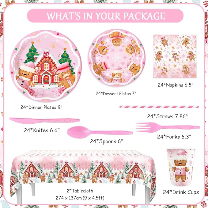 194 Pcs Christmas Party Supplies Decorations Pink Gingerbread Party Decorations Gingerbread House Cookie Christmas Disposable Tableware Set with Plates Napkins and Tablecloth Serves 24 Guests