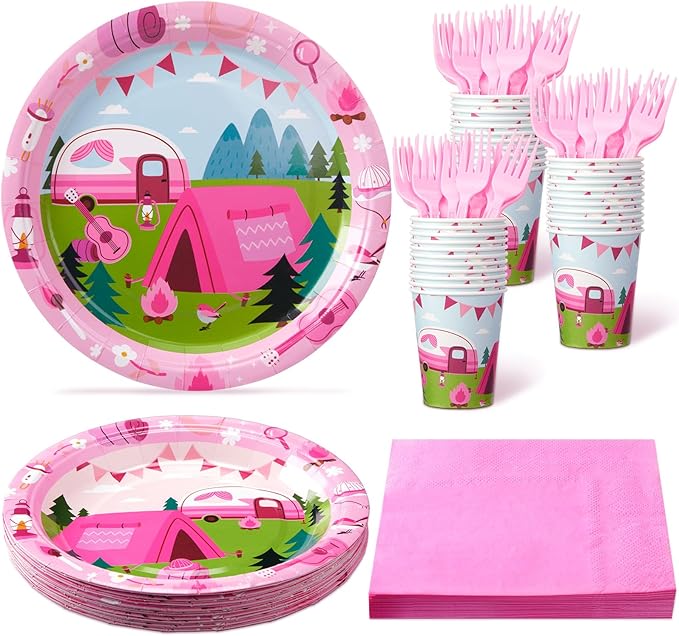 Zubebe 120 Pcs Pink Camping Party Supplies for 24 Guests: 48 Plates, 24 Cups, 24 Napkins, 24 Forks - Camping Theme, Disposable, Lightweight
