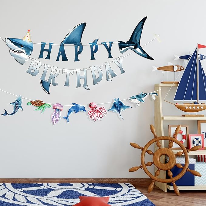 Hooqict Ocean Birthday Party Decorations Shark Happy Birthday Banner Garland Sea Ocean Party Banner for Kids Boys Under The Sea Animal Themed Party Decorations