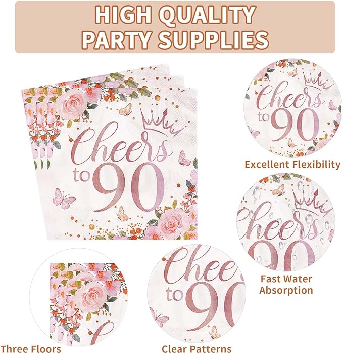 96 Pcs 90th Birthday Party Decorations for Women Rose Gold Floral 90th Birthday Plates and Napkins Tableware Sets 90 and Fabulous Party Supplies for 90 Years Old Birthday Party Favors Serves 24