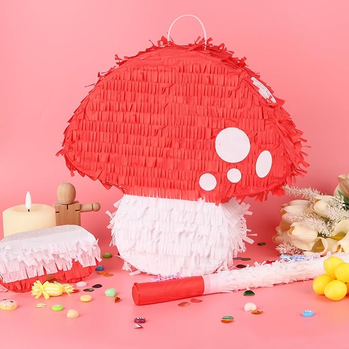 Mushroom Pinata with Stick and Blindfold Fairy Pinata for Kids 3D Mushroom Birthday Party Decorations Baby Shower Party Supplies