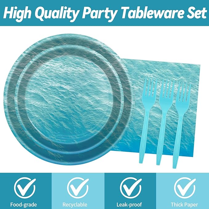 96 Pcs Ocean Sea Plates and Napkins Party Supplies, Ocean Waves Paper Plates Napkins and Forks Disposable Tableware Set for Summer Baby Shower Birthday Party Decorations Serves Serves 24 (Ocean)