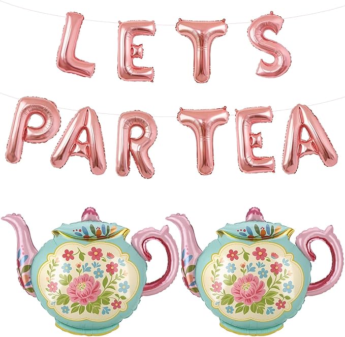 LET'S PAR TEA Banner Balloons, 35" Huge Teapot Aluminum Foil Balloons for Birthday, Baby Shower, Wedding, Bridal, Engagement, Bachelorette, Princess, Garden Party Decorations Supplies