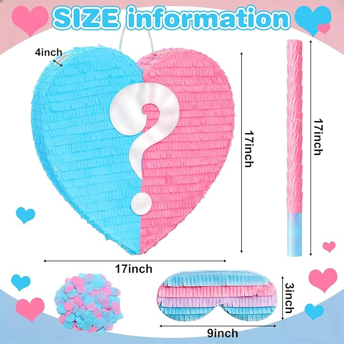 17 Inches Gender Reveal Piñata Pink Blue Large Valentine's Sweetheart Heart-shaped Piñata with Stick Blindfold Baby Shower Gender Reveal Valentine's Day Party Decor Romantic Events
