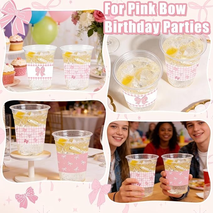50 Pcs Pink Bow Birthday Decoration Cups,16 oz Coquette Plastic Disposable Drinking Cups for Wedding Birthday Bridal Baby Shower Party Supplies