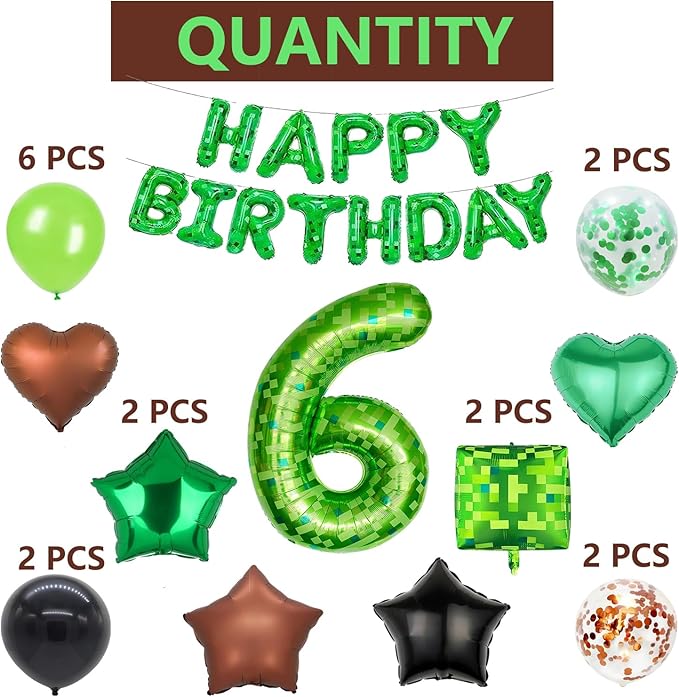 34Pcs Pixel Happy Birthday Party Decorations Set Green Pixel Miner Number 6 Foil Balloon Large Mylar Mining Theme 6th Number Balloons Video Game Party Supplies Cubes Boxes Decor