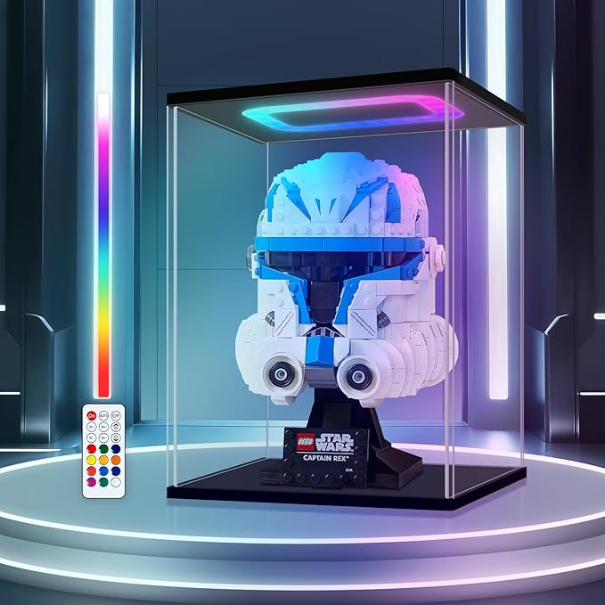 Clear Acrylic Display Case with Light Compatible with Lego 75328 & 76187 Helmets, 12-Mode RGB Tabletop Dustproof Showcase Box, Full Acrylic Sturdy Frame, 7.1x7.1x9.1 Inch