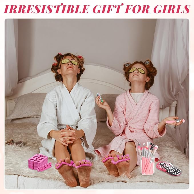 12 Sets Spa Sleepover Party Supplies Party Favors Include Nail Clipper Set, Makeup Brushes, Rose Red Toe Separators, Nail Files for Women Spa Movie