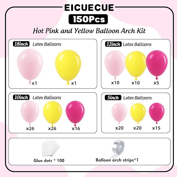 Pink and Yellow Balloons Garland Arch Kit 150Pcs - 5 10 12 18 inch Different Size Hot Pink Yellow Pastel Pink Balloons for Birthday Baby Shower Wedding Bee Bear Themed Party Decorations