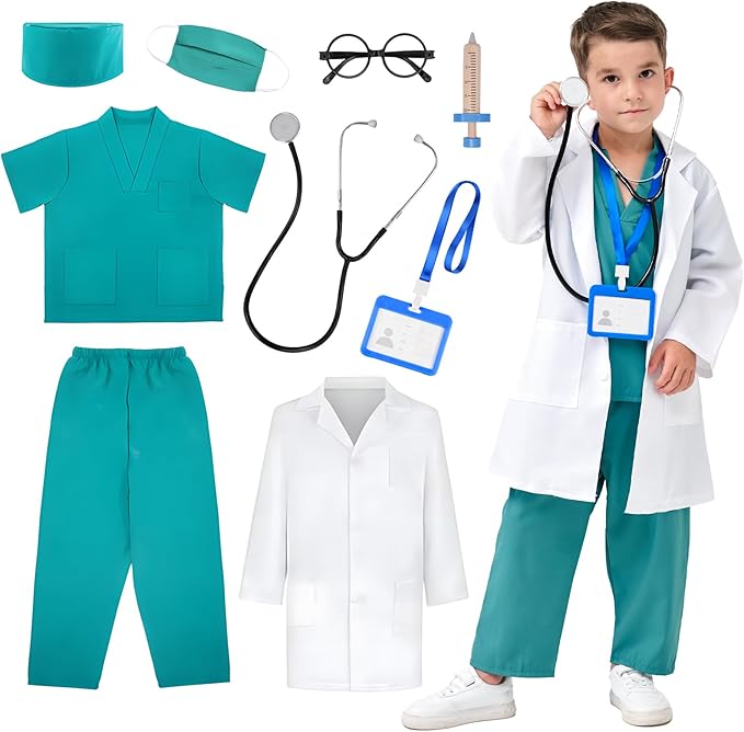 MGparty Doctor Costumes for Kids Halloween Cosplay Dress Up Accessories for Boys Girls Ages 3-10