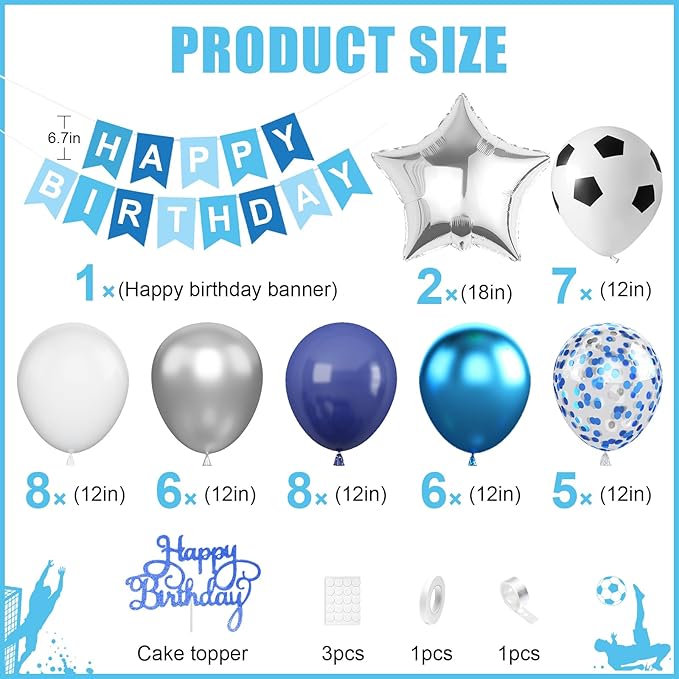 Soccer Birthday Party Decorations for Boys, Soccer Party Decorations with Blue White Balloons Happy Birthday Banner Cake Toppers 18in Foil Balloon for Boys Men Sport Theme Party Decor