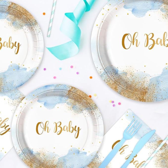 112 PCS Baby Shower Party Decorations Boy Watercolor Pastel Blue Boy Baby Shower Party Supplies Disposable Dinnerware Oh Baby Paper Plates Napkins Cups Serves Serves 16