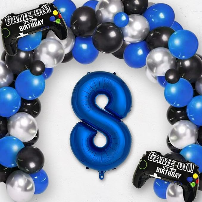 Navy Blue Video Game Party Supplies Boys 8th Birthday Party Decorations- 2 Packs Game On Balloons with Dark Blue Number 8 Balloon