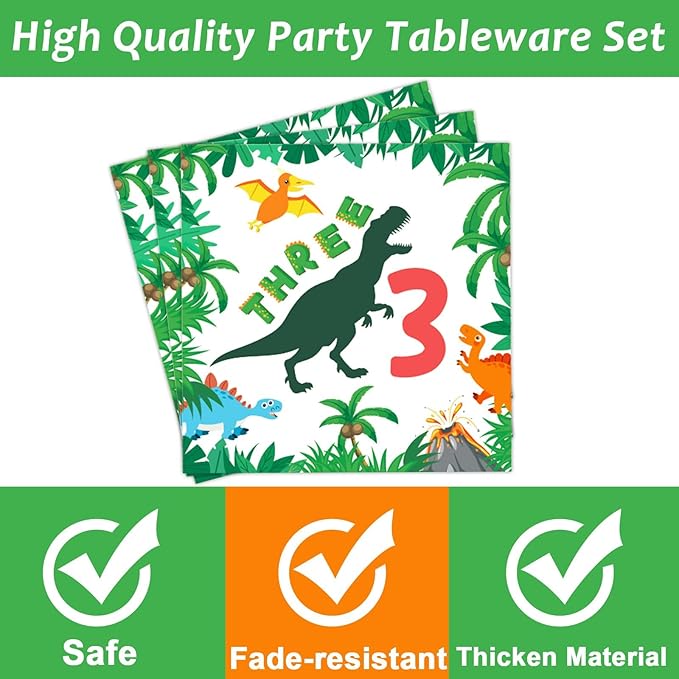 96 Pieces Dinosaur 3rd Birthday Supplies for 3 Rex Birthday Tableware Set 3 T-Rex Dinner Disposable Plates 3 Year Old Party Plates Napkins Forks For Boys Kids Three Dino-Rex Party Favor 24 Guests