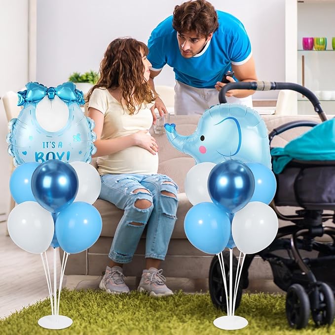 Blue Elephant Party Balloons Stand Kit 2 Sets with Blue Elephant Bib Foil Balloons Cute Elephants 1st Party Balloon Centerpieces for Tables for Animal Themed Birthday Decorations