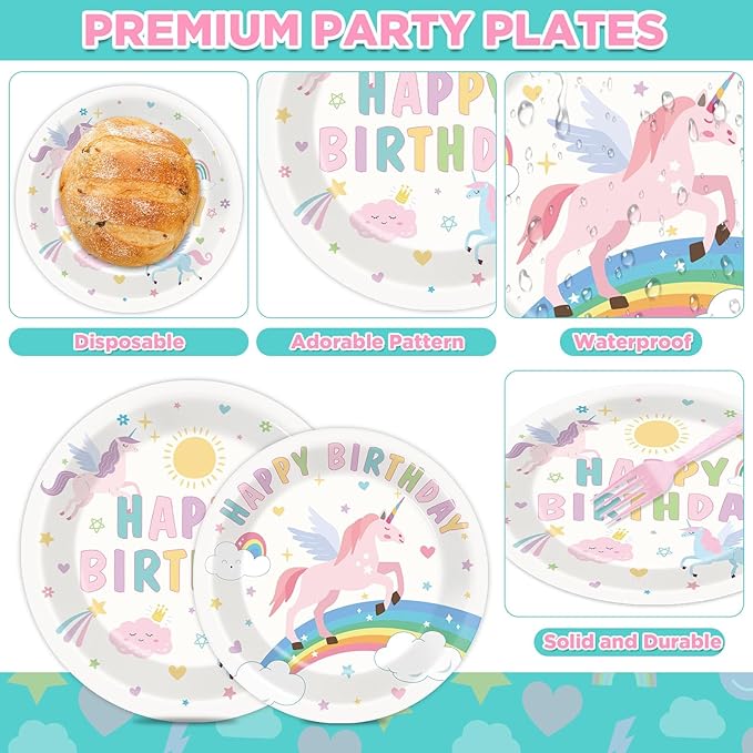 96Pcs Pastel Unicorn Party Supplies Unicorn Paper Plates Napkins Pastel Birthday Tableware Set Rainbow Dinnerware for Girl Birthday Party Decoration Serve 24