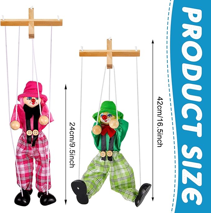 Meooeck 6 Pack Wooden Marionette Puppets Pull String Puppets, Include 6 Colors Clown Marionette String Clown Doll for Birthday Theater Puppetry Party