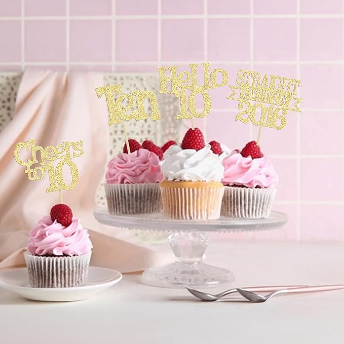 Ephlyn 24Pcs Happy 10th Birthday Cupcake Toppers Glitter Ten Cupcake Picks Hello 10 Cheers to 10 Years Cake Decorations for 10th Birthday Anniversary Party Decorations Supplies Gold